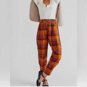 Free People Preppy Plaid Pull on Pants Cabincore Butterscotch M